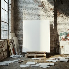 Blank canvas in a messy artist's studio with large window.
