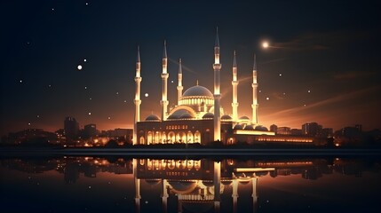 Naklejka premium Illuminated Mosque at Night with City Skyline and Reflections