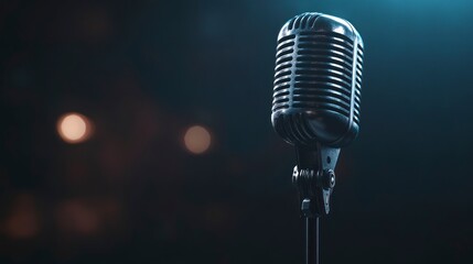 Vintage Microphone on Stage with Bokeh Lights Creating a Moody Atmosphere