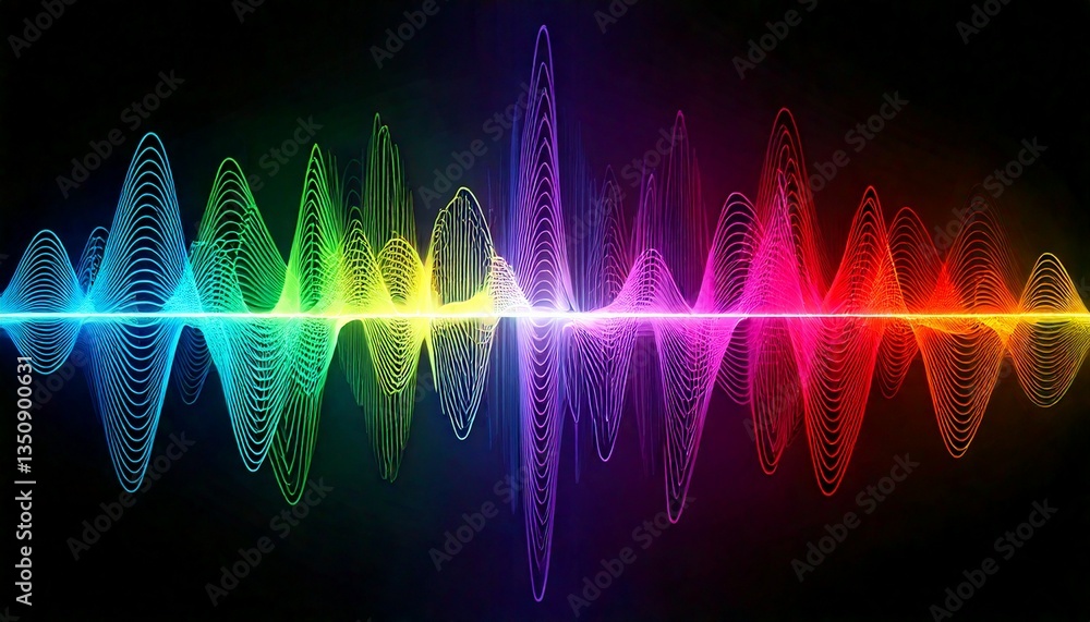 Poster colorful sound wave patterns on a dark background, illustrating voice communication and speech recog
