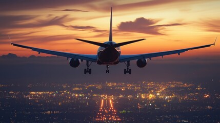 Sunset Approach: Airplane Landing Over Cityscape at Dusk