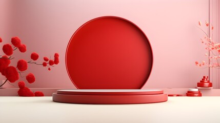 Red Minimalist Product Display Stand with Floral Decoration and Circle Background