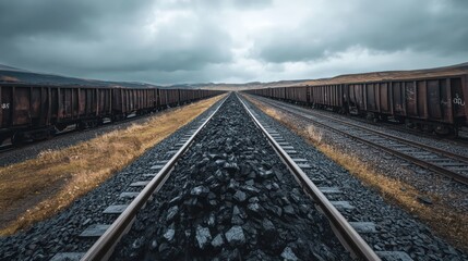 Fototapeta premium Coal train tracks converging, bleak landscape, industrial transport