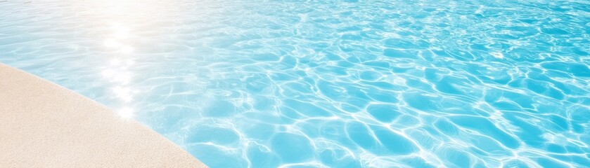 Obraz premium A serene pool scene with shimmering blue water and a sandy edge, reflecting sunlight, creating a tranquil atmosphere.