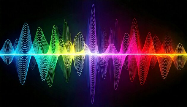 Colorful sound wave patterns on a dark background, illustrating voice communication and speech recognition technology.