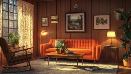 A warm and inviting vintage living room scene features a cozy sofa