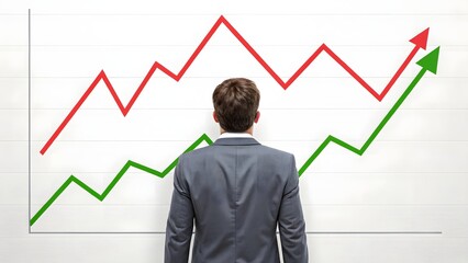 Business professional analyzing upward market trends with red and green line graphs representing financial growth and data insights