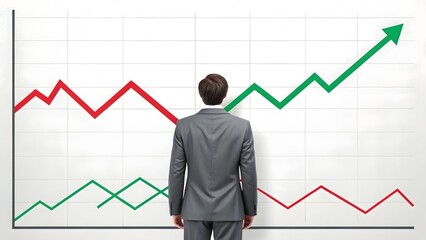 Businessman presenting contrasting financial trends with red and green line graphs, highlighting growth and decline on white grid background