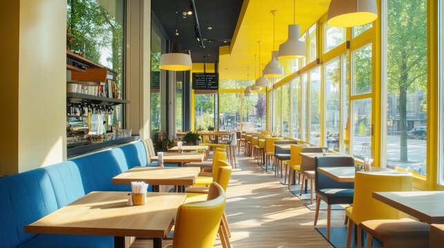 Modern cafe interior with yellow accents, sunlight, and city view. Ideal for showcasing a bright and inviting space