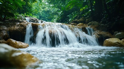 Fototapeta premium Tranquil Stream Flowing Over Rocks in Lush Green Forest Setting