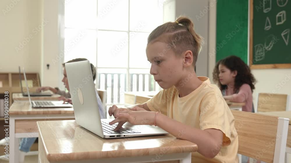 Poster smart caucasian boy using laptop to generated ai by coding engineering prompt. diverse student learn
