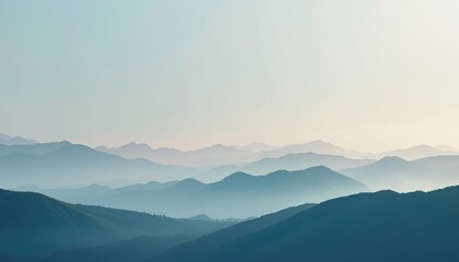 Serene sunrise over rolling mountains nature landscape photography tranquil atmosphere aerial view soft light and misty vibes