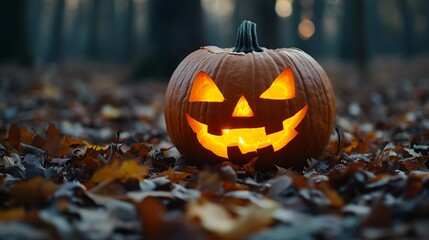 Illuminated Jackolantern in Autumnal Forest