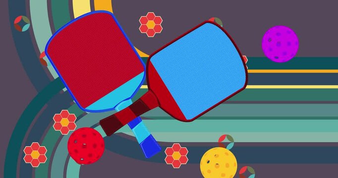 Retro 70s Background animation with Pickleball. Groovy sport 1970s art video. Minimalistic Vintage design, old-fashioned color artwork.