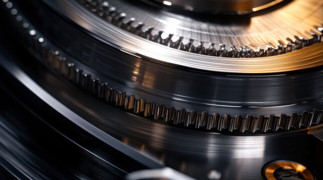 A close-up of a mechanical watch crown being wound, emphasizing the intricate metallic details and fine textures. The lighting is dramatic, highlighting the ridges and polished surfaces