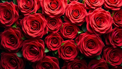 Stunning Natural Fresh Red Roses Pattern Wallpaper: Top View of Beautifully Arranged Red Rose Flowers Creating a Vibrant Floral Wall Background with Empty Space