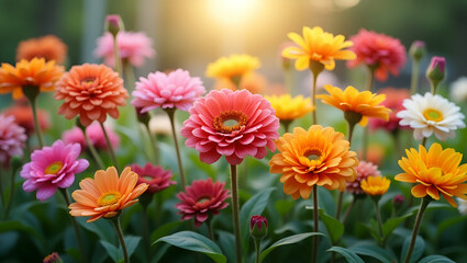 Stunning Flat Vector Illustration of Diverse Blooming Flowers in a Beautiful Garden Background