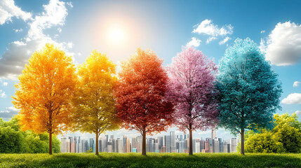 Obraz premium Colorful trees against city skyline