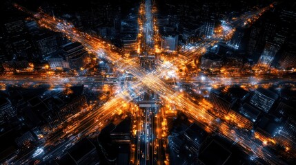 Aerial Night View of City Crossroads: Urban Lightscape