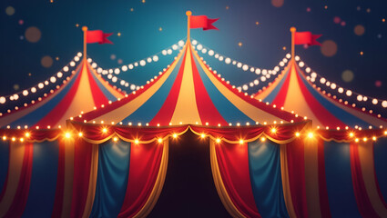 Flat Colorful multi colored circus tent background with twinkling lights and space for copy concept as Colorful circus tent with twinkling lights providing space for text and copy placement in  Simple