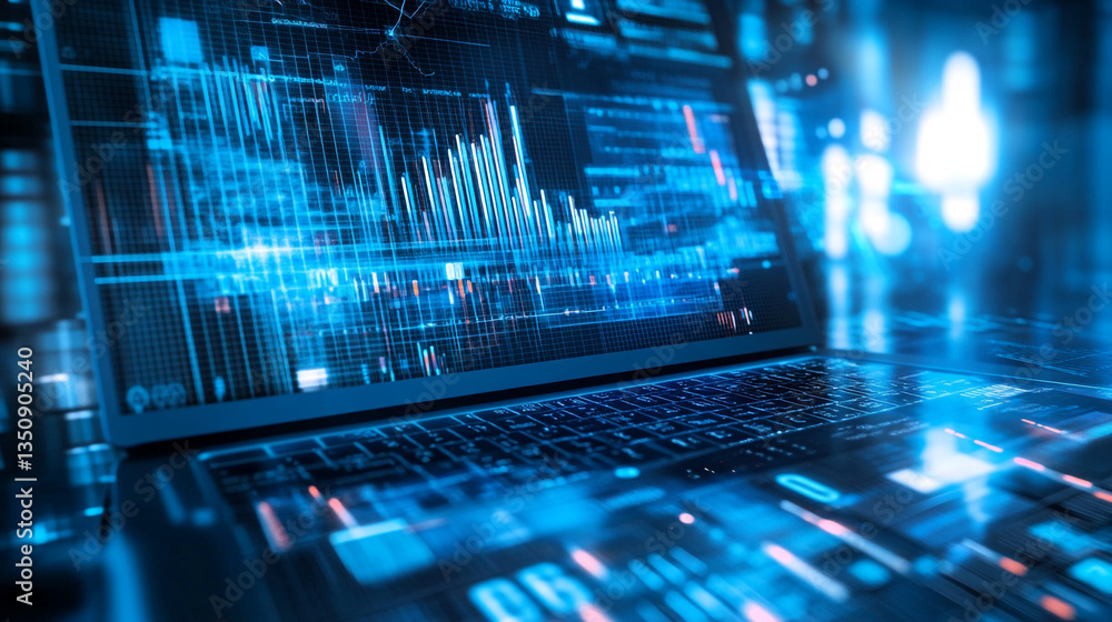 Poster workspace with colorful upward arrow charts and graphs, virtual hologram interface of futuristic pro