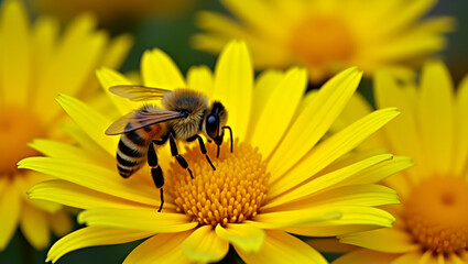 Bee Collecting Nectar from Vibrant Yellow Chrysanthemum Flowers in Autumn Garden: A Stunning Photo Stock Concept Showcasing Pollination and Nature's Cycle with Empty Space