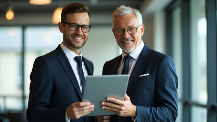 Flat Vector Illustration of Mature Business Executives: Happy Middle-Aged Businessman and Businesswoman Collaborating on Corporate Results in Modern Office Setting