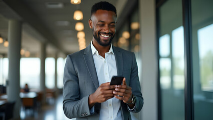 Portrait of a Happy African Businessman or Student Using Smartphone at Work: Smiling Young Adult Male Professional with Mobile Tech in Office Setting - Stock Photo Concept