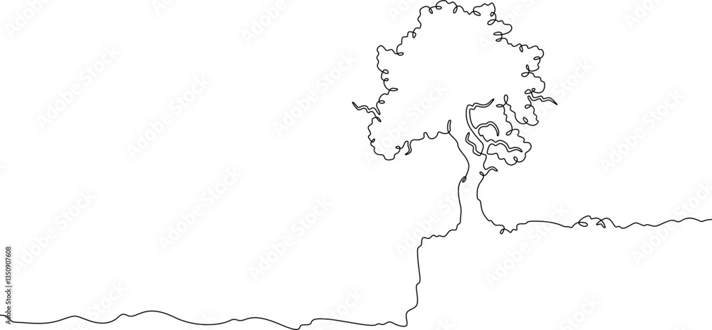Poster continuous one line drawing big tree. lonely tree on the edge of a cliff. rocky peak.