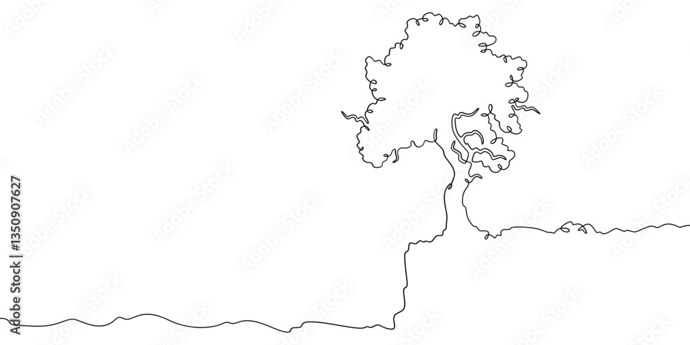 Poster continuous one line drawing big tree. lonely tree on the edge of a cliff. rocky peak.
