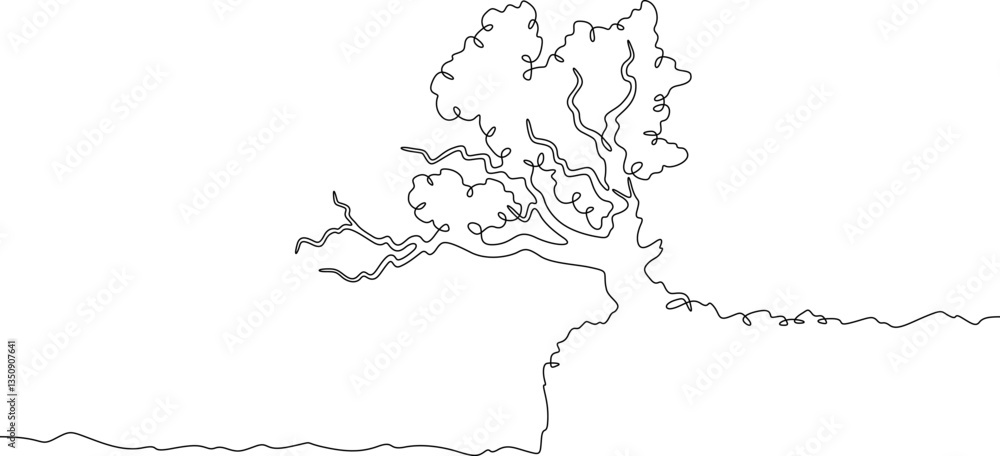 Poster continuous one line drawing big tree. lonely tree on the edge of a cliff. rocky peak.