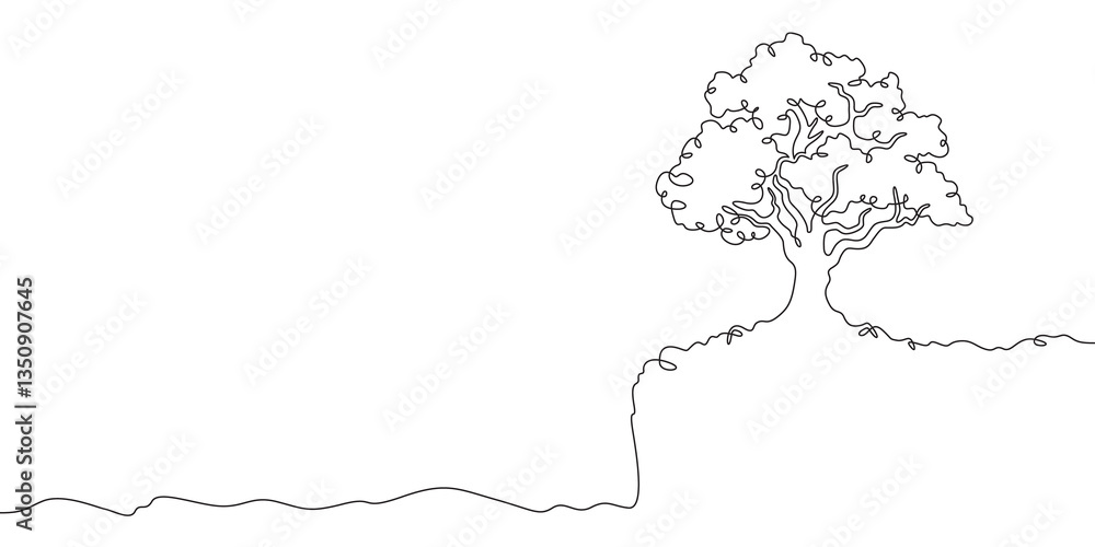 Poster continuous one line drawing big tree. lonely tree on the edge of a cliff. rocky peak.