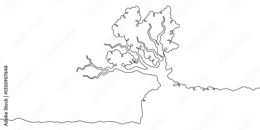 Poster continuous one line drawing big tree. lonely tree on the edge of a cliff. rocky peak.