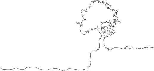 Continuous one line drawing big tree. Lonely tree on the edge of a cliff. Rocky peak.