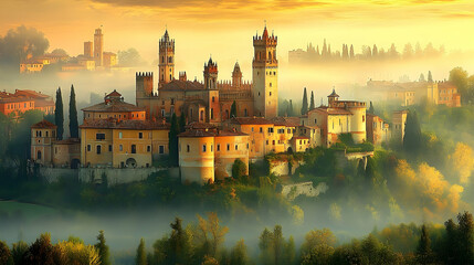 Obraz premium Majestic Medieval Town, Golden Hour