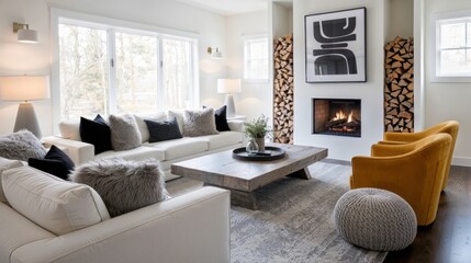 Generative AI, Cozy modern living room with fireplace and mustard chairs