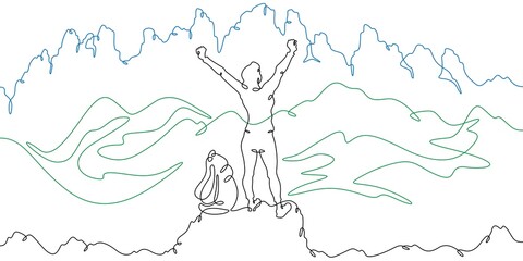 Continuous one line drawing woman on top of the mountain. Mountain panorama. Tourist with a backpack. Beautiful landscape.One continuous line isolated minimal illustration.Not AI.