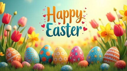 Vibrant Easter Eggs and Blooming Tulips with Festive Greeting
