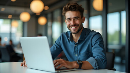 Confident Young Latin Entrepreneur: Smiling Startup Founder Working on Laptop in Corporate Office - Flat Vector Illustration of a Happy Businessman at His Desk