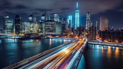 Fototapeta premium Night view of Manhattan skyline, traffic on bridge