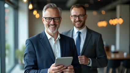 Happy 45-Year-Old Businessman Using Tablet in Modern Office