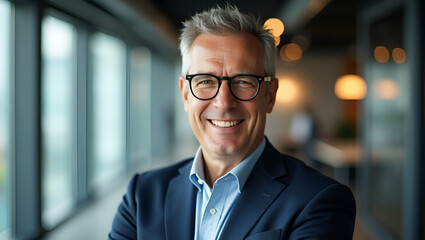 Fototapeta premium Professional Headshot of Confident Middle-Aged Businessman in Office