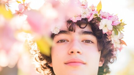 Fototapeta premium Youthful Joy: A young person in a floral crown beams with happiness, embodying the spirit of spring and vitality. 