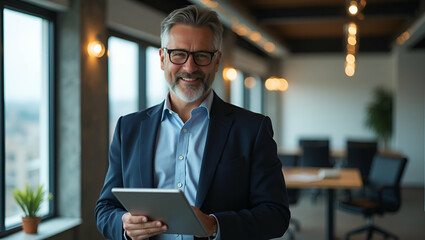 Portrait of a Happy 45-Year-Old Businessman Executive in Suit and Glasses Using Digital Tablet in Office - Professional Financial Project Concept with Empty Space