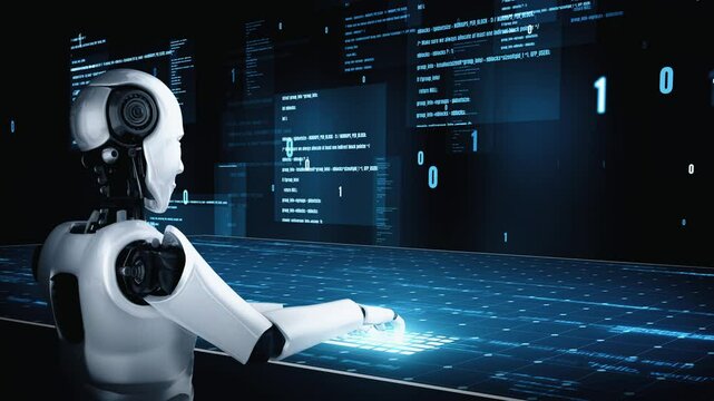 Futuristic robot artificial intelligence huminoid AI programming coding technology development and machine learning concept. Robotic bionic science research for future of human life. 3D rendering.