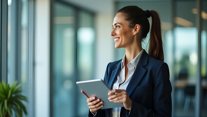 Smiling Mature Businesswoman Bank Manager with Digital Tablet in Office - Professional Female Executive Concept with Copy Space for Additional Elements in Stock Photo