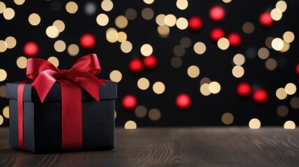 A beautifully wrapped black gift box with a red ribbon, set against a backdrop of soft, colorful bokeh lights.