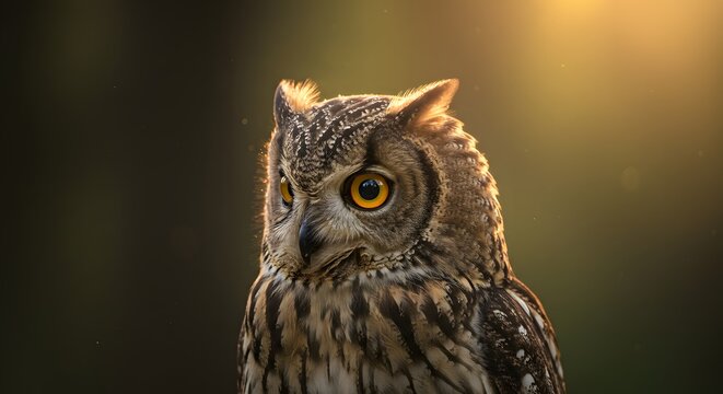 Eurasian Eagle-Owl Portrait Illuminated by a Golden Light, close-up view