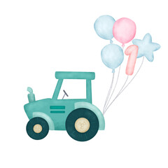 toy truck with balloons illustration. Cute element for birthday celebrations banner and postcard
