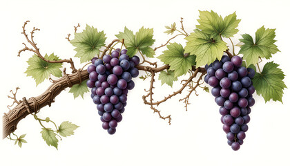 Realistic grapevine branch with twisting tendrils and juicy grape clusters, ideal for farm-to-table marketing, botanical illustrations, and natural product designs